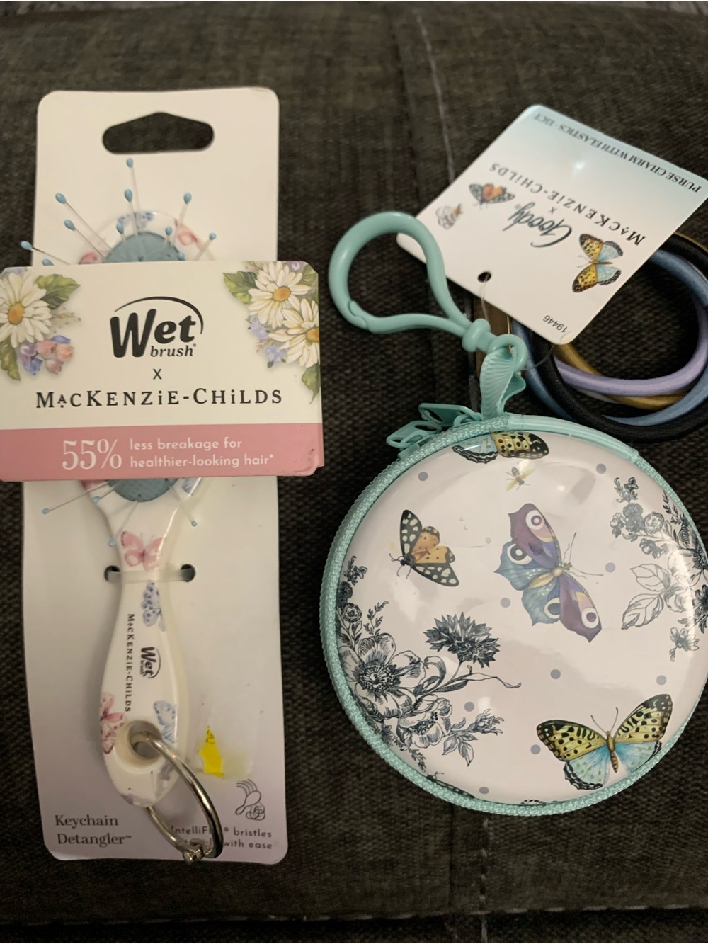 wet brush-Mackenzie Childs Butterfly Keychain Detangler Set! Extra hair ties!